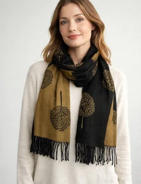 Women's Tree Print Cashmere Blend Scarf With Tassels in Black - Black - Size: One Size - SVNX - FashionsVida