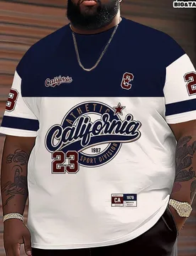 Camiseta de manga corta de estilo universitario de California con contraste de azul marino y blanco, talla grande Estampado de insignia deportiva vint - Shein - FashionsVida