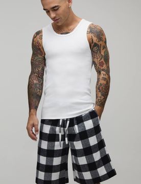 Herren Geripptes Muskel-Tanktop & Kariertes Freizeit-Shorts Set White Größe Large