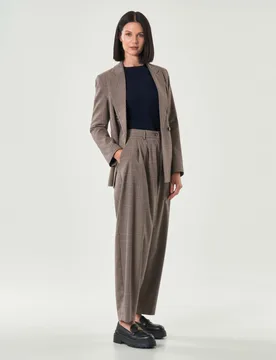 Pantaloni dalla linea baloon in misto viscosa a fantasia Principe di Galles marrone e bordeaux con pinces - Hlo! - FashionsVida