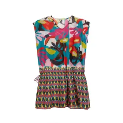 Vestido de playa de mujer corto con estampado geométrico y lazo para fruncir la cintura