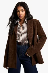 Womens Vintage Look Faux Suede Oversized Blazer - Chocolate - Size 14 Uk