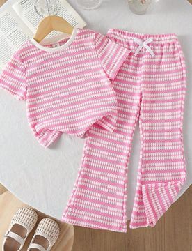 Conjunto de camiseta de cuello redondo a rayas & pantalones para niña joven