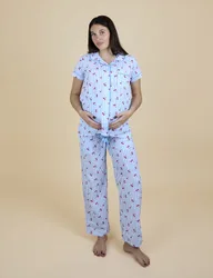 Pure Cotton Cherry Maternity Pyjama Set Light Blue female