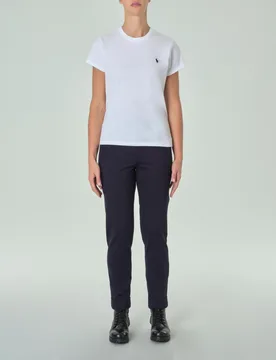 Pantaloni blu slim in misto viscosa punto Milano con risvolto al fondo ed elastico in vita - Jurerê - FashionsVida