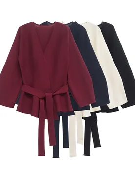 New Spring Autumn Women Shoulder Pad Belt Knit Blazer Women Retro V-neck Long Sleeve Versatile Female Coat Women Clothes TRAFSS - Aliexpress - FashionsVida