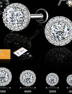 Pieza Pendientes de botón de moissanita de plata de ley 925 de 2mm-7mm con espalda plana, chapados en oro blanco de 18K, plata 925 de baja alergia D - Shein - FashionsVida