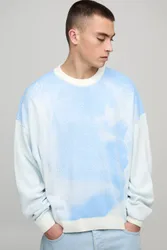 Herren Oversized Boxy Ombre Gesicht Strick-Pullover Blue Größe Medium