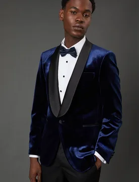 Men's Navy Wide Lapel Velvet Tailored Fit Tuxedo Jacket Size: 40S - Navy - Size: 40S - Burton - FashionsVida