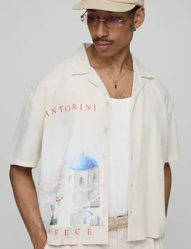 Men's Oversized Boxy Linen Blend Landscape Shirt Ecru Size X-Large Ecru XL - boohooMAN - FashionsVida
