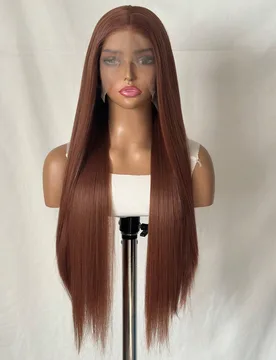 Peluca sintética larga y recta con encaje frontal en color marrón, con encaje frontal de 13*4, línea de cabello natural premarcada, fibra resistent - Shein - FashionsVida