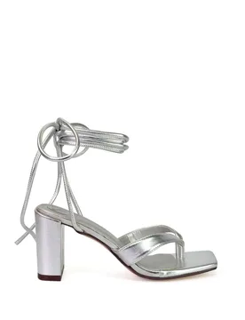 Women's 'Kiko' Lace Up Thong Square Toe Strappy Mid Block Heel Sandals in Metallic Silver Size: 3 - Metallic Silver - Size: 3 - XY London - FashionsVida