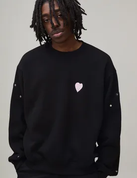 Mens Oversized Boxy Embroidered Heart Panelled Sweatshirt - Black Cotton - Size Medium - boohooMAN - FashionsVida