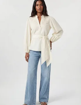 Women's Poplin Embroidered Detail Belted Blouse in Ivory Size: 14 - Ivory - Size: 14 - Karen millen - FashionsVida