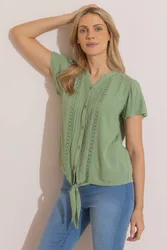 Women's Lace Trim Tie Front Blouse in Green Size: 20 - Green - Size: 20