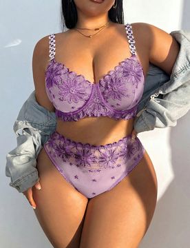 Conjunto de 2 piezas de sujetador con tirantes y panty bordados con flores en talla grande y sexy