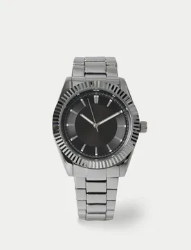 Faceted Bezel Steel Black Dial Silver male - M&S - FashionsVida