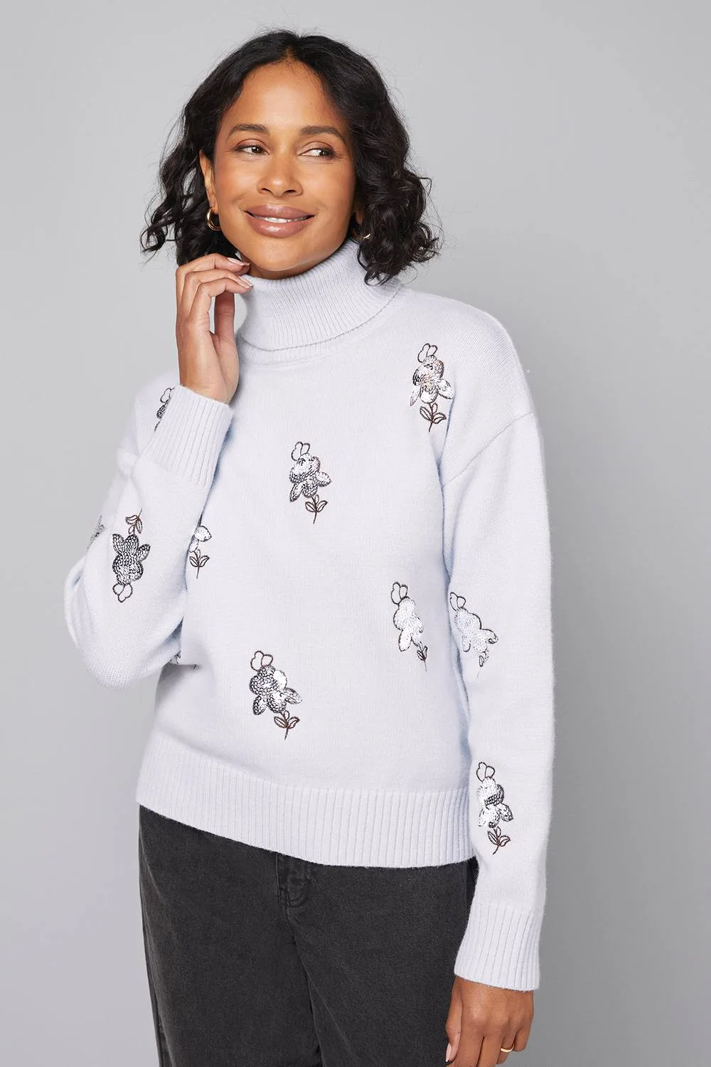Embellished Roll Neck Jumper - Pale Blue - Size: M - Wallis - FashionsVida