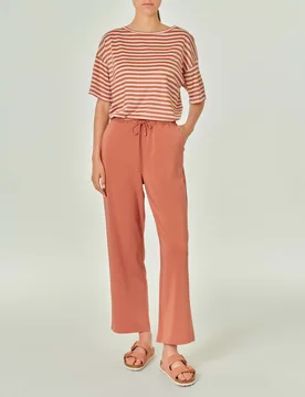 T-shirt in misto viscosa e lino a righe color terracotta ed ecrù - Max Mara - FashionsVida