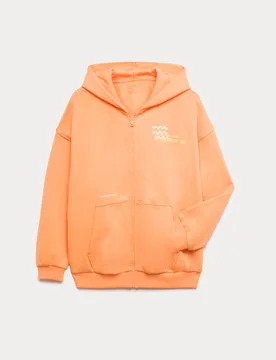 Cotton Rich Zip Through Wave Graphic Hoodie (6-16 Yrs) Orange male - M&S - FashionsVida