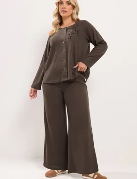 Women's Ribbed Wide Leg Trousers in Chocolate Size: 20 - Chocolate - Size: 20 - Yours - FashionsVida
