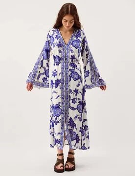 Floral V-Neck Angel Sleeve Maxi Beach Dress Blue Mix female - Monsoon - FashionsVida