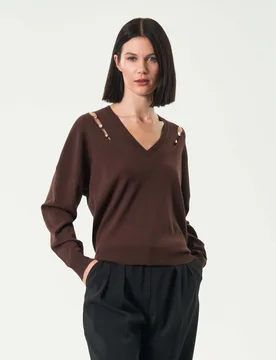 Maglia marrone Liu Jo a scollo a V con castoni cuciti lungo i cut out sulle spalle - Liujo - FashionsVida