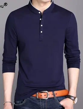 Men's Autumn and Winter Pullover Stand Collar Patchwork Button Fashion Casual Solid Color Slim Fit Versatile Long Sleeved Tops - Aliexpress - FashionsVida