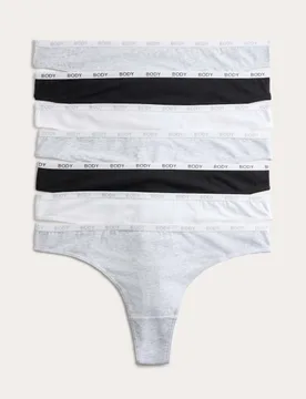 Pack Cotton Rich Logo Waistband Thongs Grey Mix female - Body by M&S - FashionsVida