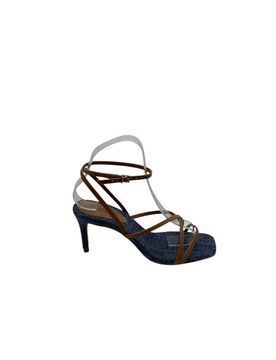 Sandalo in tessuto tacco 8cm Donna con fasce in pelle cuoio