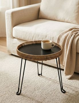 Tavolino rotondo con bordo intrecciato - beige