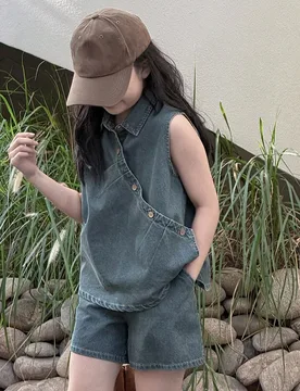 Conjunto de chaleco sin mangas de mezclilla y shorts para niñas preadolescentes, atuendo casual y elegante para el día a día - Shein - FashionsVida
