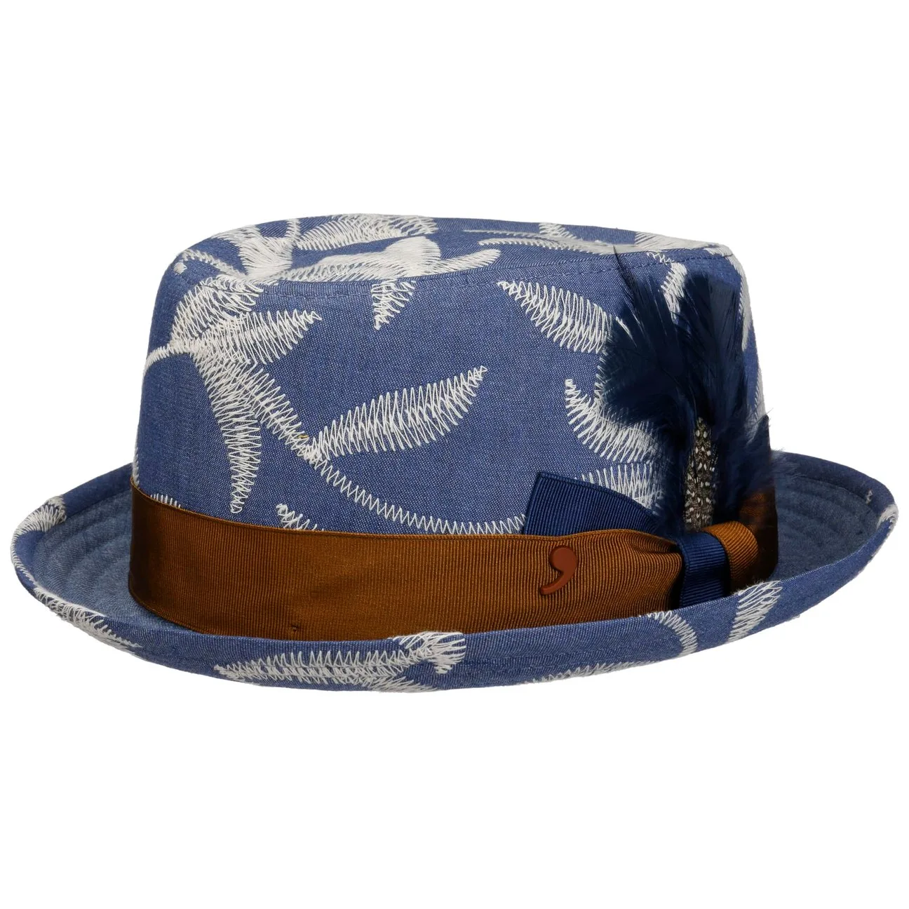 Leaves Pork Pie Cloth Hat by Alfonso DEste - blue - Size: S (54-55 cm) - Alfonso D´Este - FashionsVida