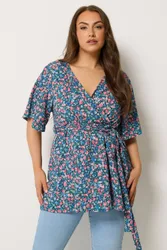 Women's Floral Textured Wrap Top in Dark Blue Size: 30-32 - Dark Blue - Size: 30-32