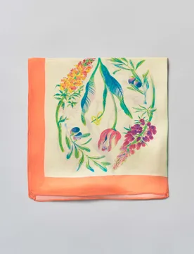 Foulard multicolor con stampa patch fiori e bordo arancione - Pellizzari - FashionsVida