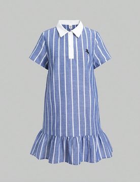 Vestido casual y cómodo para niñas preadolescentes con cuello de camisa, rayas de color contrastante y unicolor, vestido de princesa, regreso a la e
