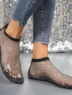 Par de sandalias de mujer con rhinestones y malla - Zapatos planos súper cómodos y transpirables, de tacón bajo y ligeros para uso casual en verano - Shein - FashionsVida