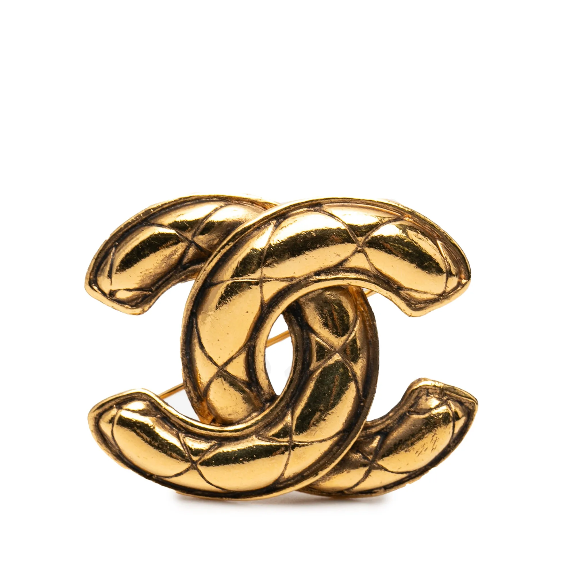 Gold Plated Quilted CC Brooch - Chanel - FashionsVida
