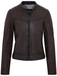 Womens Brown Retro Quilted Biker Jacket - Horten - Dark Brown Lamb Leather - Size X-Small