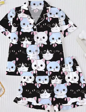 Piezas Conjunto de pijama para niña preadolescente con estampado de gato de dibujos animados, ropa de dormir linda y cómoda para niños, camisa con - Shein - FashionsVida
