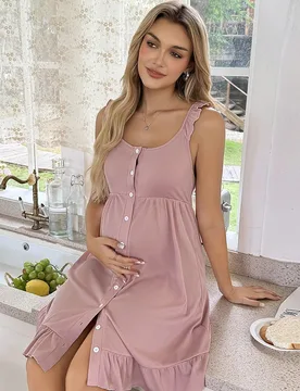 Vestido de maternidad y lactancia con abertura frontal, volantes y tela acanalada rosa cómoda y elegante - Shein - FashionsVida