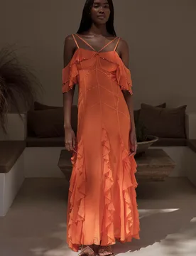 Womens Crinkle Beaded Cold Shoulder Maxi Dress - Orange - Size 6 Uk - Karen millen - FashionsVida