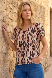 Animal Print Seam Front Top - Pink - Size: 18