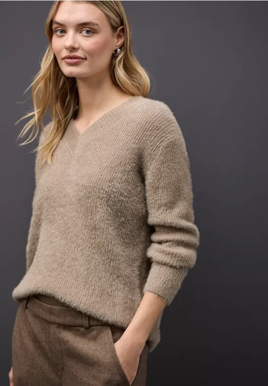 Kuscheliger V-Neck Pullover female Beige - Street One - FashionsVida