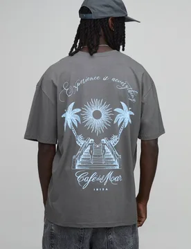 Men's Oversized Cafe Del Mar Palm License Print T-Shirt Charcoal Size Large Charcoal L - boohooMAN - FashionsVida