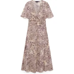 Vestido midi con manga corta y cinturón fruncido