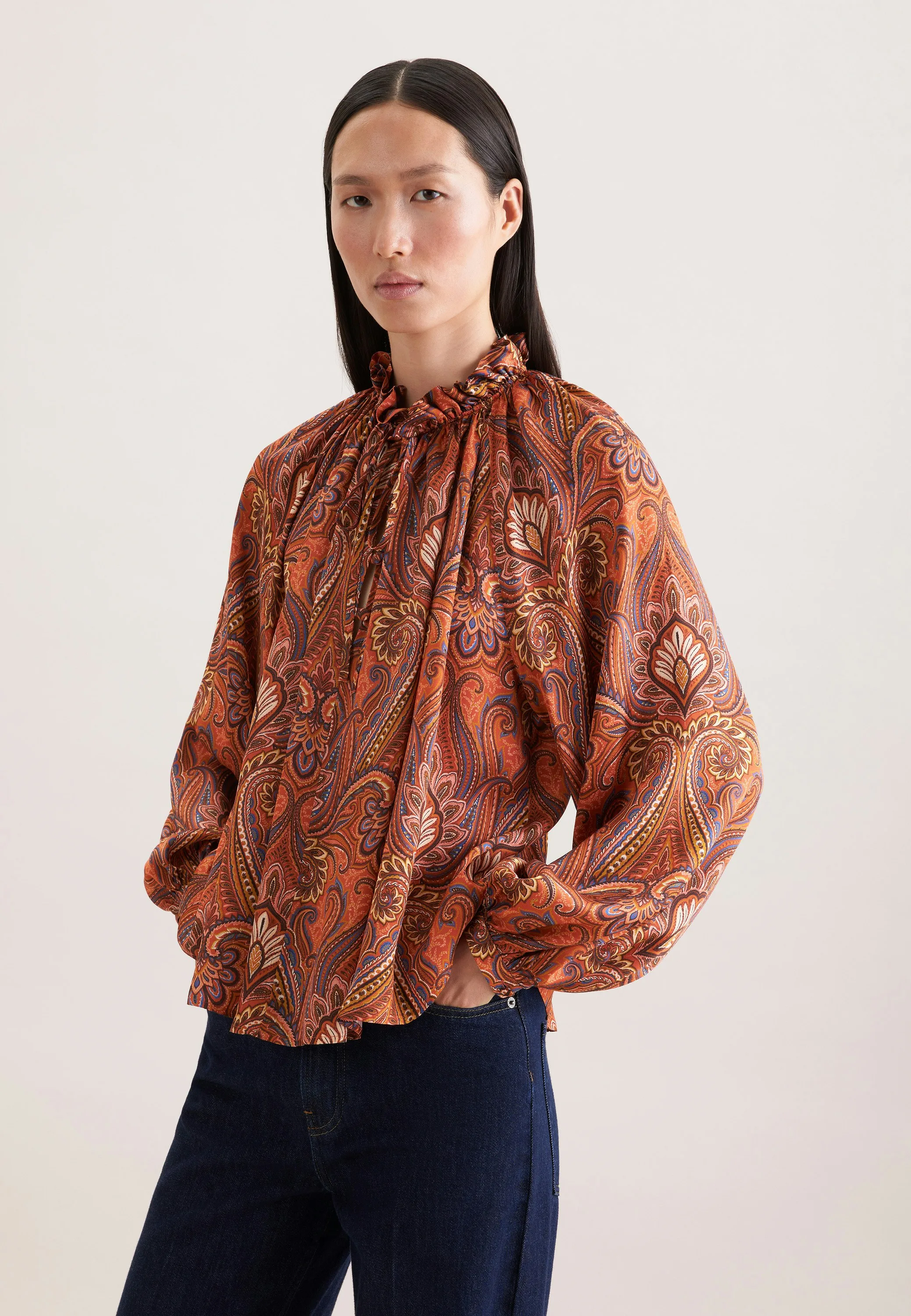 Satinierte Rüschenbluse mit Bindeband Orange 38 - Seidensticker.com - FashionsVida