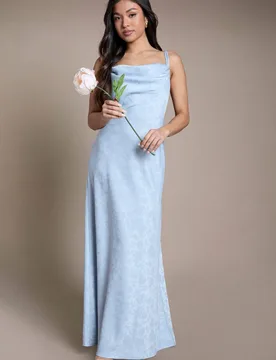 Women's Petite Light Blue Double Strap Cowl Neck Satin Jacquard Bridesmaid Midi Dress Size: 14 - Light Blue - Size: 14 - OASIS - FashionsVida