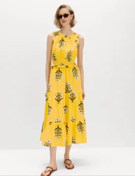 Pure Cotton Floral Midi Waisted Dress Yellow Mix female - M&S - FashionsVida