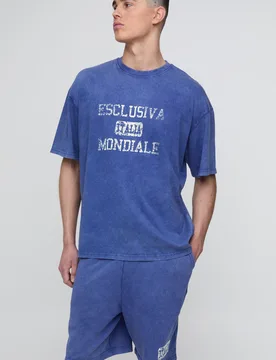 Mens Oversized Loopback Washed Italia Printed Short Set - Navy Cotton - Size X-Large - boohooMAN - FashionsVida